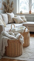 Obraz premium Cozy living room with wicker baskets and blankets in neutral tones