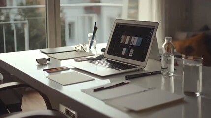 Naklejka premium Cozy Home Office with Laptop, Desk Accessories, and Natural Light in Modern Workspace Design