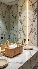 Luxurious marble bathroom with dual sinks and wicker basket