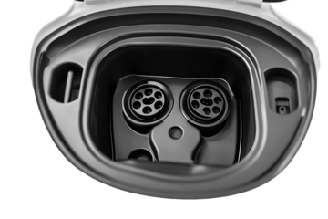 Electric Vehicle Charging Port, Open, Empty, Circular Plugs, Close-Up, Gray and Black.