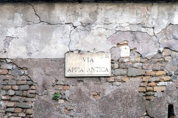 Close up of a Roman street sign Via Appia Antica (the Appian Way) in Rome, Italy, one of the...