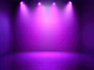Empty Stage With Purple Lights Shining Down, Dim Studio Backdrop, Spotlights on Top