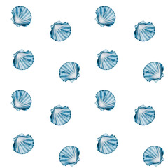 Shell pattern watercolor . Hand drawn illustration of a clam on an isolated background. Drawing of sea blue ocean shell. Marine and ocean fauna. Underwater life.