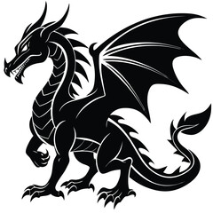 Dragon Silhouette with Wings, Horns, Scales, and Tail in Bold Black