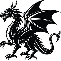 Silhouette Dragon Art Fierce Mythical Creature with Wings, Claws and Horns