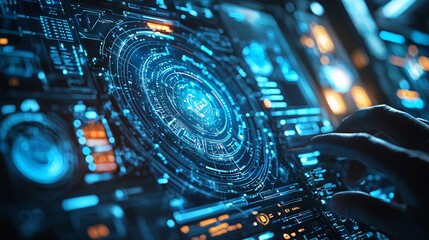 light UI panel with transparent holographic touch elements, digital glowing shadows and futuristic graph overlays