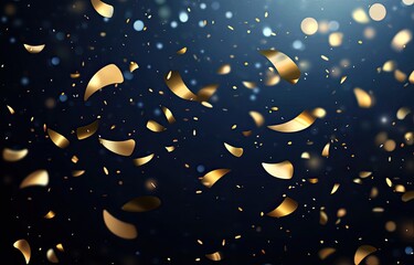 Obraz premium Falling Shiny Golden Confetti Streamers on a Dark Blue Gradient Background