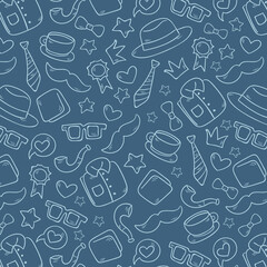 Seamless pattern with tie, hat, mustache and glasses. Modern background for Father's Day.
