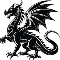 Silhouette Dragon, Black Winged Creature with Horns and Sharp Claws on White Background
