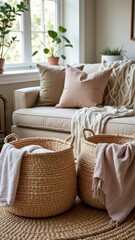 Cozy living room with neutral tones and woven baskets in sunlit space