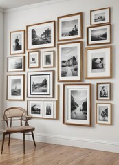 Fototapeta premium Stylish photo frame gallery wall; diverse frame styles and sizes on plain white wall, photo frame gallery, photo display, white background