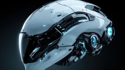 Naklejka premium Robotic helmet displays advanced cybernetic design, showcasing futuristic technology, artificial intelligence.