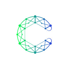 The letter C is made of connected dots, and polygon lines that symbolize networks, communication, technology, internet, artificial intelligence. The logo has a futuristic, geometric, and modern.