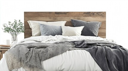 Elegant Modern Bed with Gray and White Linen Wooden Head
