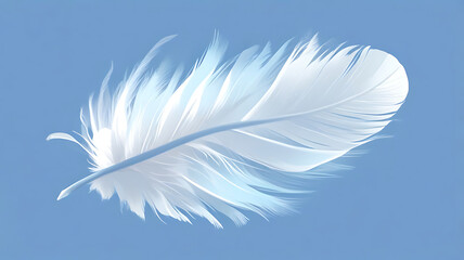 Obraz premium White feather flying on blue background. Abstract bird feather falling on color background. Symbol of peace or freedom concept,White and Light Blue Feather on a Soft Blue Background Generated AI