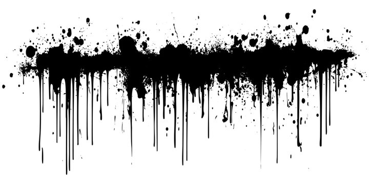 Black ink splatters and drips forming an abstract design on white background
