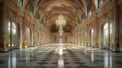 Obraz premium Baroque ballroom boasts gilded architecture, opulent style, ornate decoration, crystal chandeliers, high ceilings.