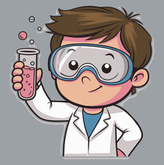 29.epsEk chhota scientist cartoon character jo ek test tube mein chemical hold kar raha hai. Usne white lab coat, blue shirt aur goggles pehne hain. Peeche chemistry lab ke glassware dikh rahe hain—ye