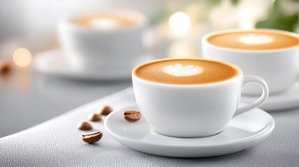 Obraz premium Aromatic Coffee Cups With Latte Art and Coffee Beans