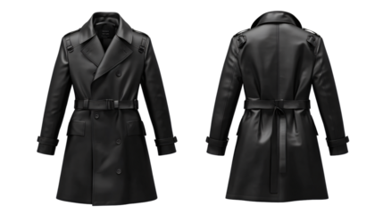 Modern Black Trench Coat Mockup Front and Back View Isolated on White Background