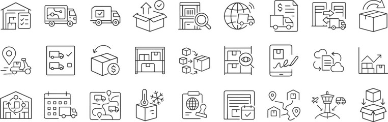 Logistics supply chain business process line icon set. Vector pictograms of route, packaging, freight, proof, digital, document, forecast, demand, thin linear illustration.