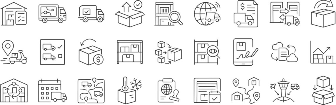 Logistics supply chain business process line icon set. Vector pictograms of route, packaging, freight, proof, digital, document, forecast, demand, thin linear illustration.