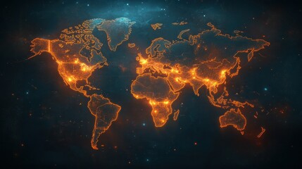 World map shines, showing intricate network, symbolizing global technology, connectivity, and futuristic communication.