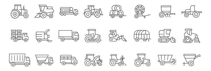 Vehicle agricultural forestry transport line icon set. Vector pictograms of skidder, trailer, irrigation, hose, seed, drill, grain, silage, fertilizer, livestock, thin linear illustration.