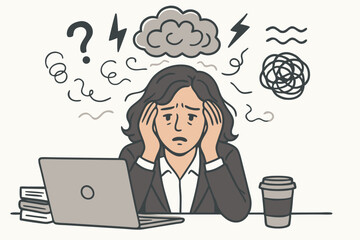 Workplace Stress and Anxiety Vector Illustration: Overwhelmed Professional with Laptop, Mental Health Issues, Burnout Syndrome, and Work Pressure in Office Environment