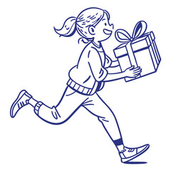 Running Girl Holding Gift Box, Happiness, Line Art, Ponytail, Celebration, Joyful