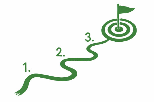 Business Path to Success Vector Illustration: Green Hand-Drawn Three-Step Journey with Numbered Milestones Leading to Target Goal Flag, Strategic Planning Roadmap for Achievements in Business Growth
