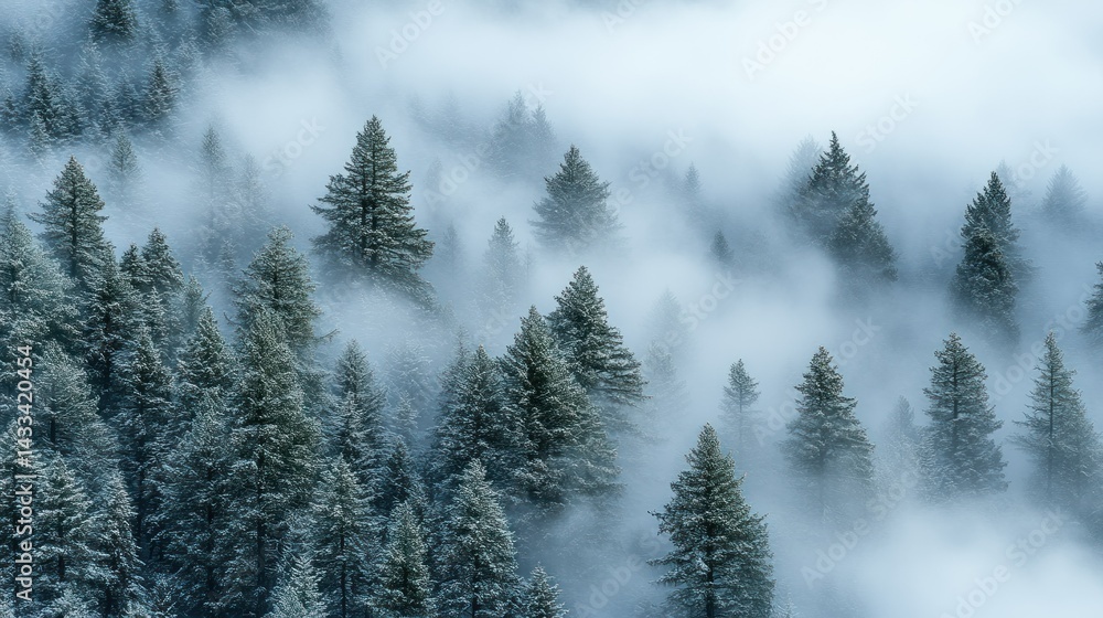 Poster dense coniferous trees enveloped in swirling atmospheric fog
