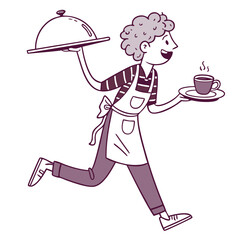Running Waiter Illustration, Serving Food Tray, Coffee Cup, Wearing Apron, Line Art