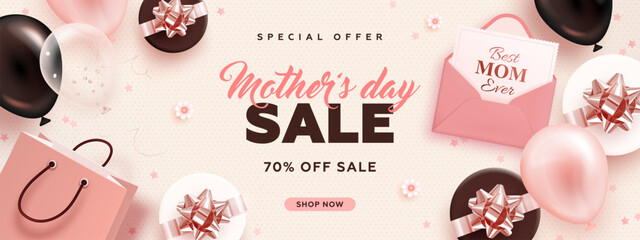 Mother's day sale web banner with realistic 3d balloons, gift box and envelope. Best mom horizontal wallpaper. Mother day discount shopping background. Vector illustration