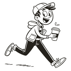 Cartoon Boy Running with Coffee Cup, Wearing Cap and Hoodie, Line Art, Black and White