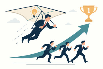 Innovative Businessman Flying on Hang Glider with Lightbulb Idea Soaring Above Competition Toward Golden Trophy While Colleagues Run Along Upward Graph Arrow in Flat Vector Illustration