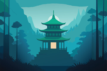 small pagoda temple in misty rainy forest .eps
