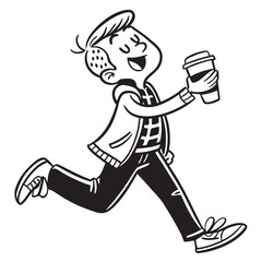 Cartoon Teenager Running, Holding Coffee Cup, Casual Clothes, Black and White