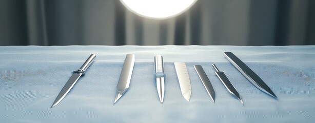 textured background with precision surgical blades and tools on sterile fabric under directional light