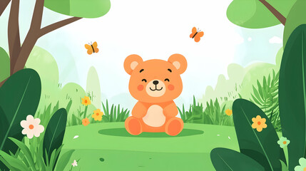 Fototapeta premium Happy bear sitting in a lush green forest clearing, surrounded by flowers and butterflies; ideal for children's book illustrations