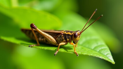 Close Up Grasshopper Resting On Leaf