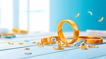 Broken Gold Wedding Rings On Light Blue Wooden Table