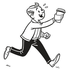 Cartoon Man Running with Coffee Cup, Fast Pace, Full Body, Black and White
