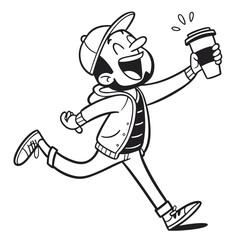 Cartoon Man Running with Coffee Cup, Outline Style, Full Body Character Design, Smiling
