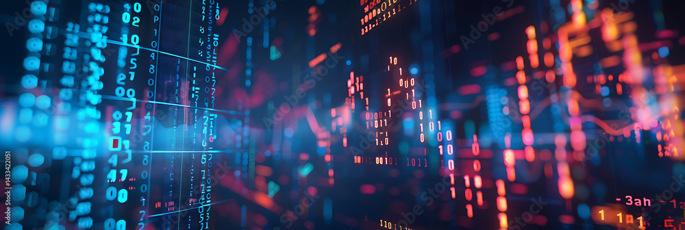 Poster abstract technology background featuring blurred streams of digital code, numbers, and data flowing 