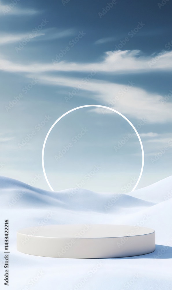 Aufkleber 雪景色に浮かぶ白い円形プラットフォーム 青空と雲を背景にしたミニマルデザイン