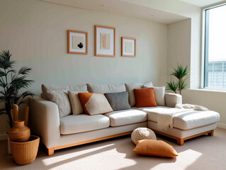 Cozy modern living room with stylish sofa and decorative cushions showcasing a bright atmosphere and natural light healthy living concept