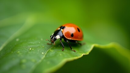 Fototapeta premium Red Ladybug Resting On Green Leaf