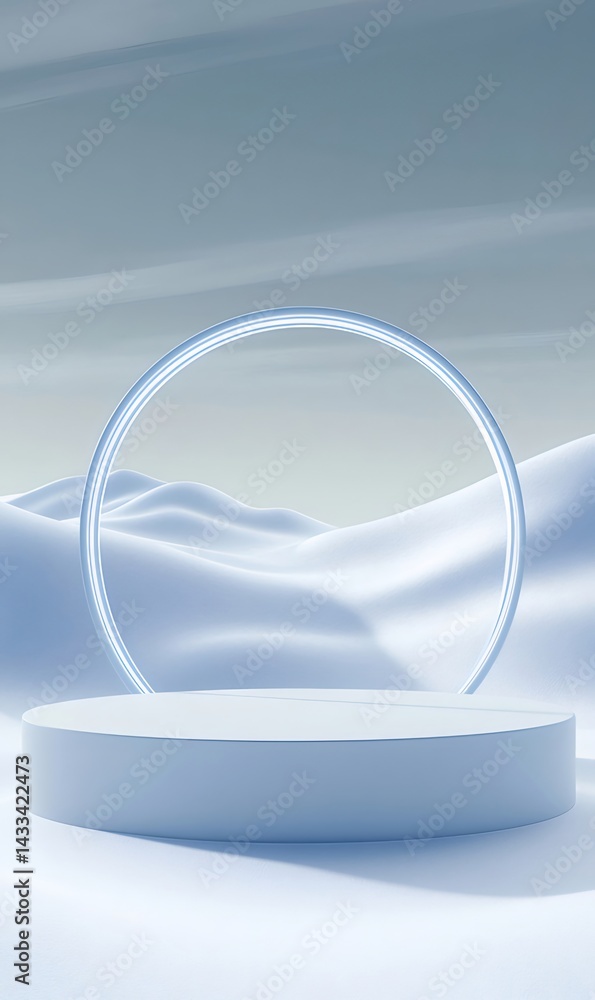 Aufkleber 雪景色の中の白い円形ライトと台座の抽象的な3dレンダリング 青色の光と雪のテクスチャが特徴的
