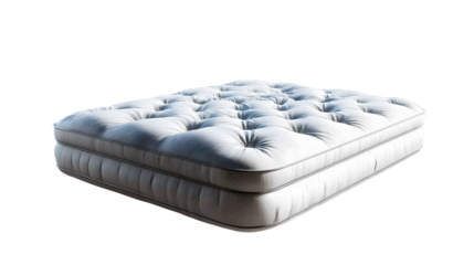 Comfortable white mattress with tufted design, isolated on a transparent background.